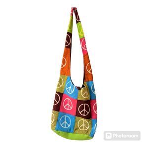Hippie Cotton Boho Festival Peace Sign Design Patchwork Hobo Shoulder Bag